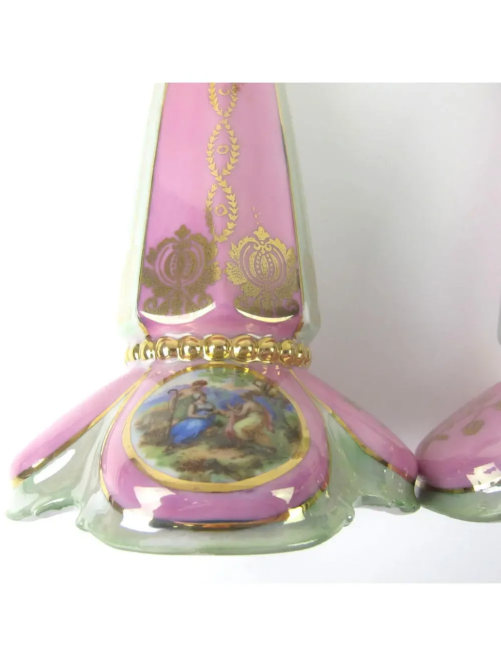 Antique Porcelain Lusterware Lamp Base Pink Green Gold Angelica Kauffman Germany